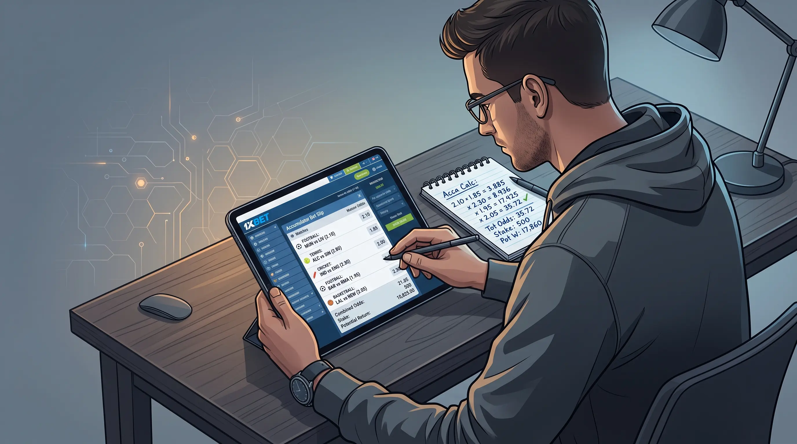 1xBet free bet promo code Person analysing an accumulator bet slip on a tablet, illustrating how a 1xbet free bet promo code works.