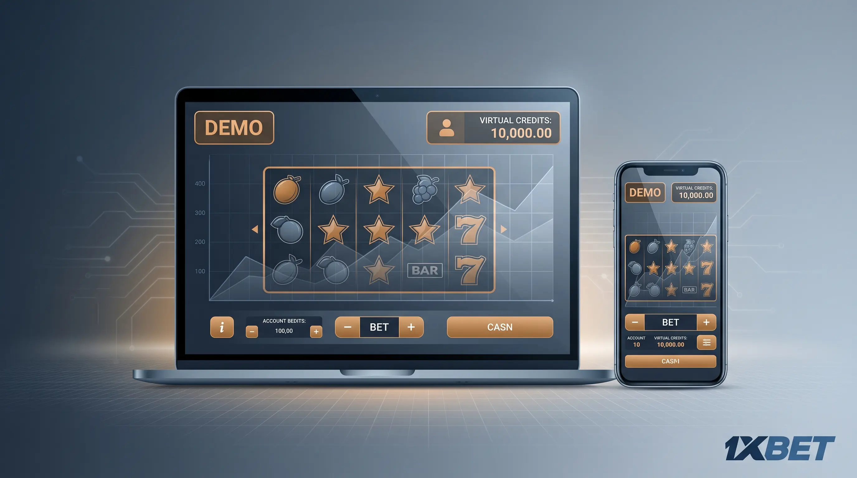 1xBet demo account explained Laptop and smartphone showing a generic demo interface, illustrating how a 1xbet demo account works.